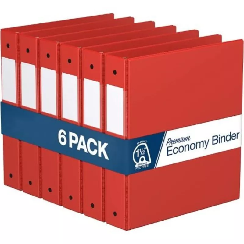 1.5" Red Premium Economy Angle D Ring Binders - 6pk