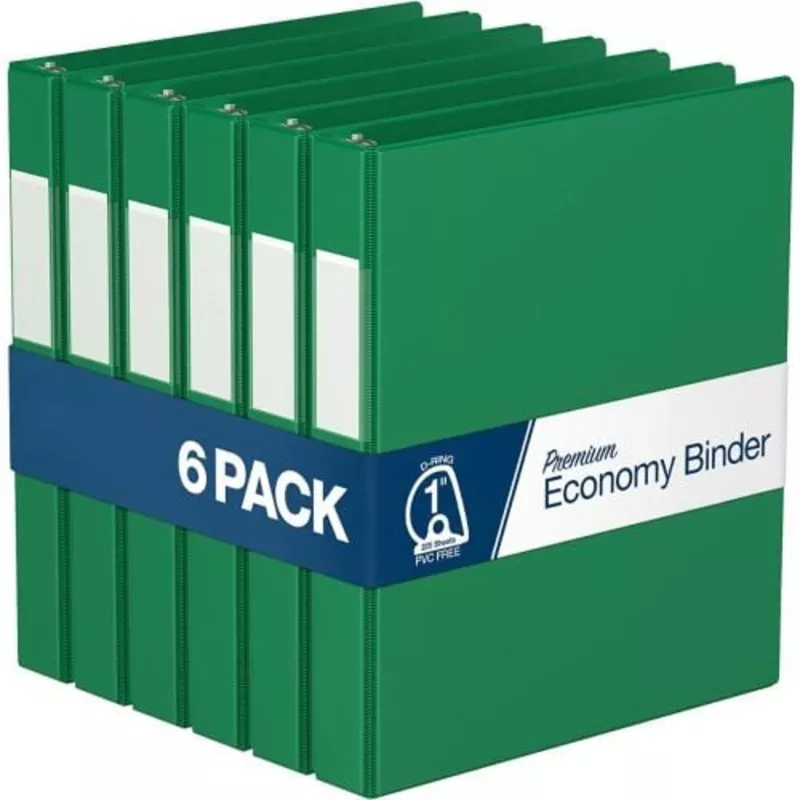 1" Green Premium Economy Angle D Ring Binders - 6pk