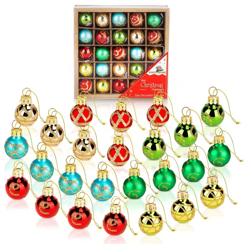 1-Inch Mini Vintage Glass Ball Christmas Ornaments Set of 25, Hand-Painted Red, Blue and Gold with Gold Glitter for Small and Miniature Christmas Trees