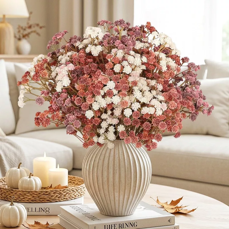10-Piece 24 in. Fall Orange Artificial Baby’s Breath Flowers, PU Gypsophila Bouquets with Bendable Plastic Stems for Vase, Wedding, Home, and Autumn Decor