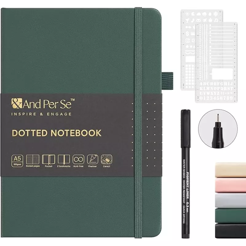 &And Per Se Bullet Dotted Journal Notebook, A5 Leather Hardcover, 176 Numbered Pages 100GSM Thick Dotted Paper, 2 Sheets of Stencils Included – 5.7” x 8” (Black)