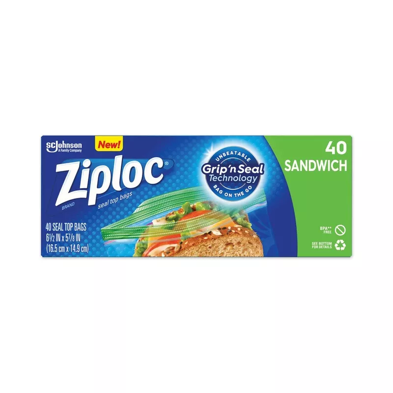 Ziploc Resealable Sandwich Bags, 1.2 mil, 6.5" x 5.88", Clear, 40/Box