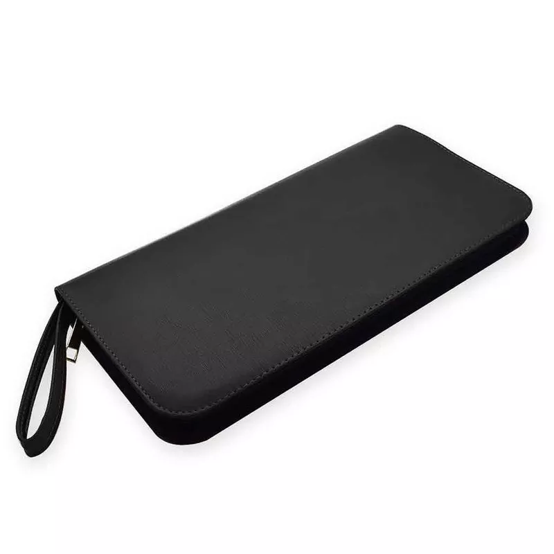 Zippered Leather Pen Portfolio – Holds 36 Black